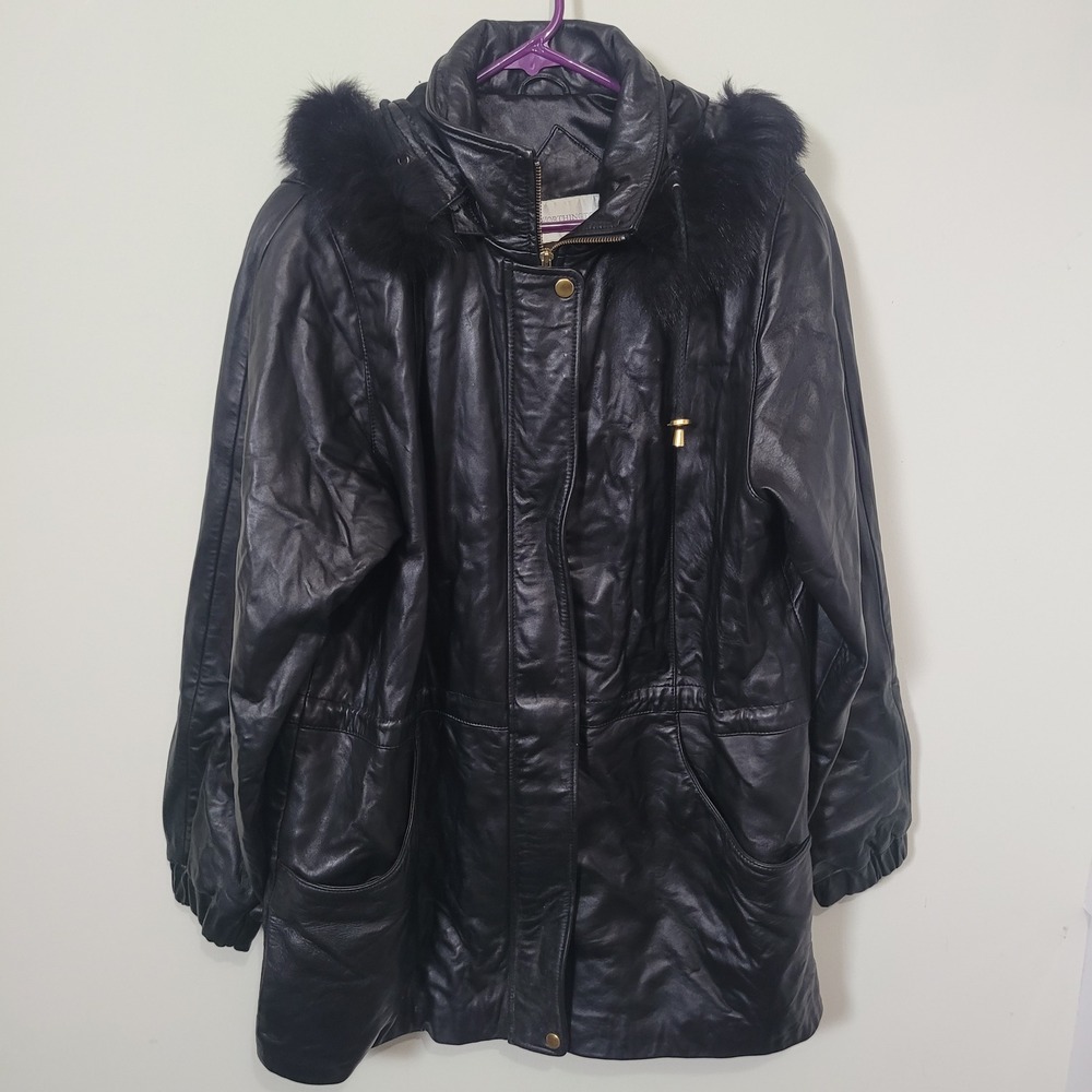 Worthington Size Large Parka Jacket Womens Black Genuine Lambskin Faux Fur Hood